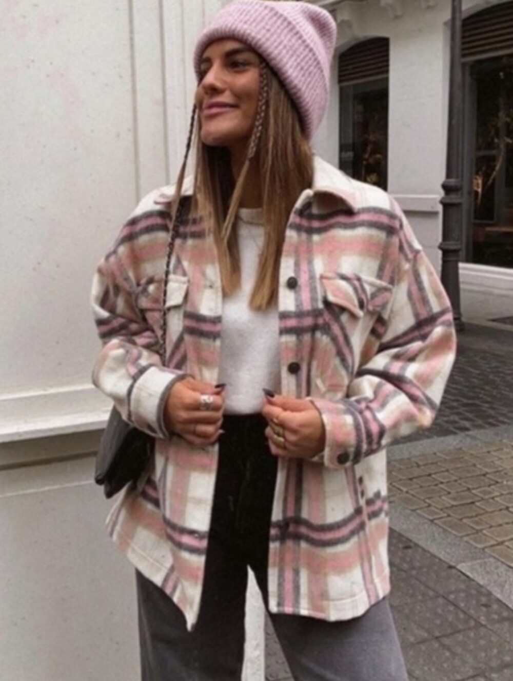EUC Zara Wool Blend Plaid Overshirt Shacket in Pink and White